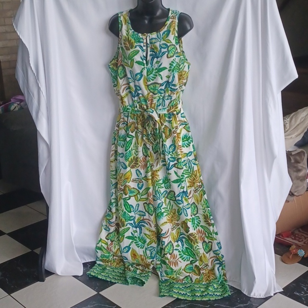 Emma & Michele Green and Brown Jumpsuit with Wide-Leg Design, 21" PTP, 60" L
